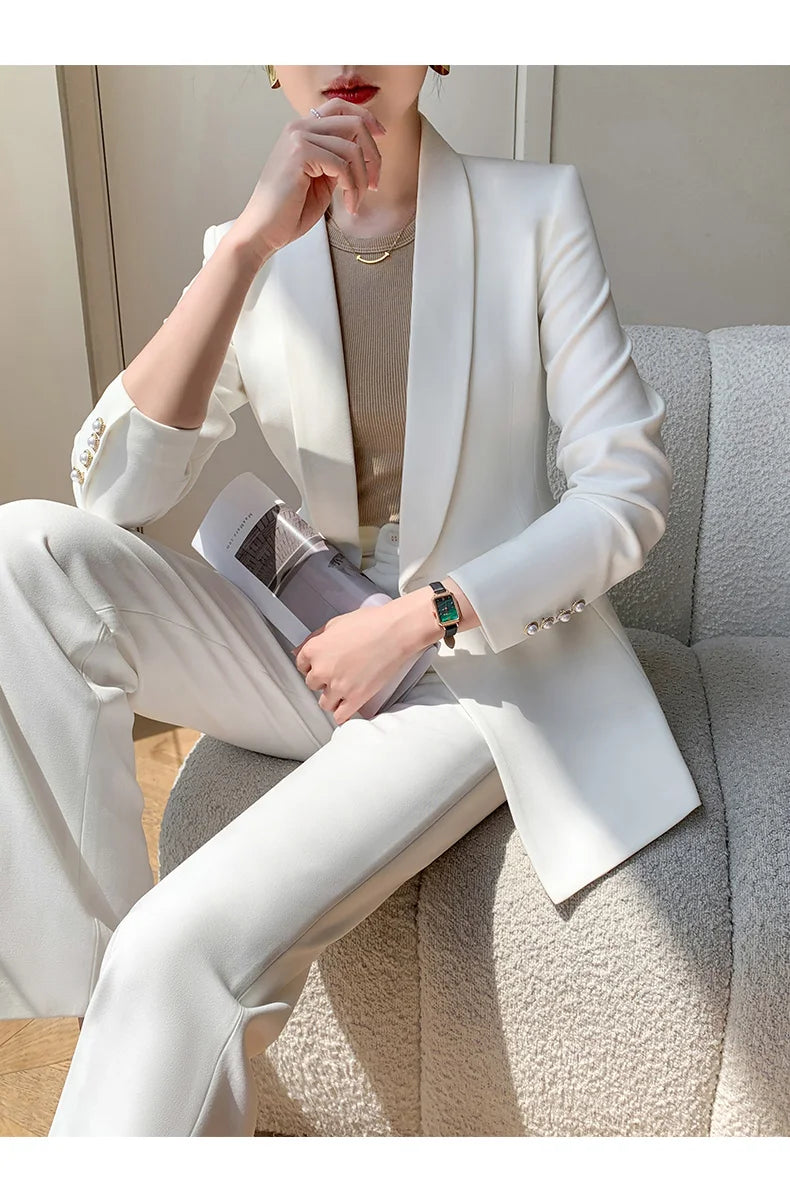 Solid White Suit Women 2025 New Spring Autumn Flares Pants High-Grade Slimming Business Clothing Sets Formal Suits Overalls