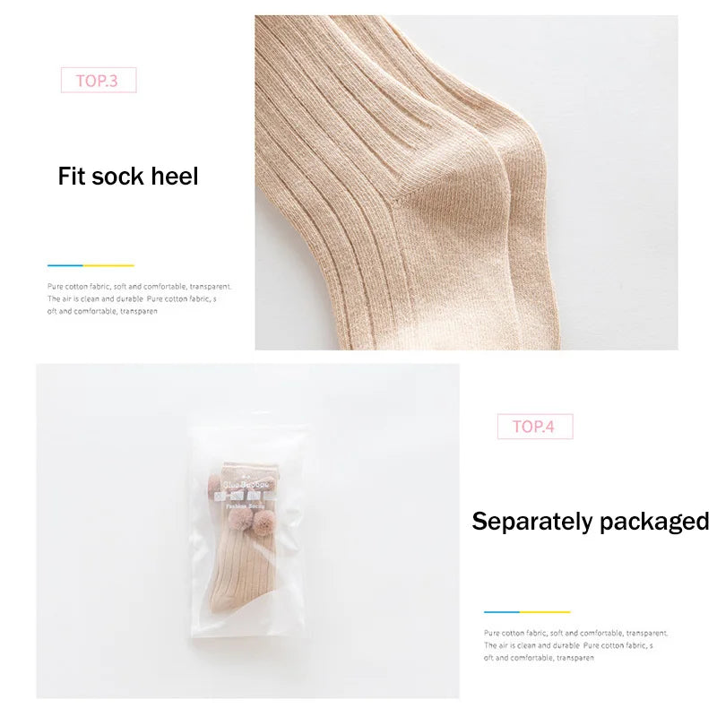 Baby Socks Solid Cotton Soft Long Princess Socks with Cute Pom-Pom Bow Decor Boy Girls Stretchy Warm Cozy Casual Socks Stockings