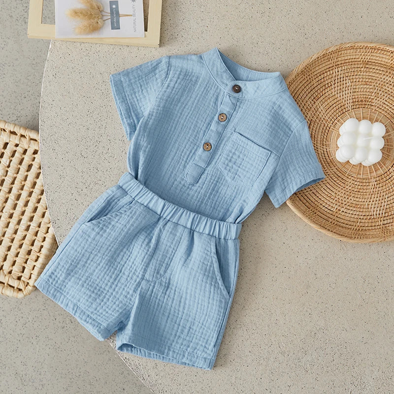 Suefunskry Toddler Boys Summer 2Pcs Casual Outfits Solid Color Short Sleeve Button Tops and Elastic Waist Shorts Sets 6M-4Y