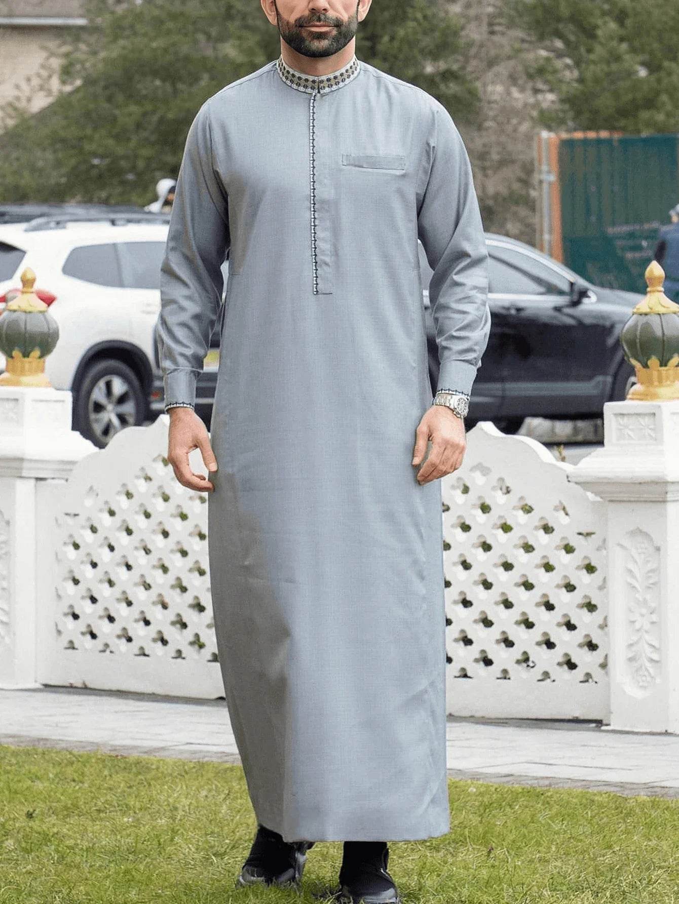 Muslim men's robe long-sleeved ethnic style embroidered stand collar Arabic clothing men's Islamic casual robe - AIAZ