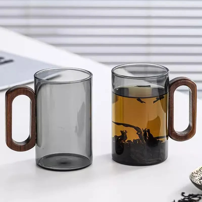 2/4/6pcs Glass Mug With Wooden Handle Heat-resistant Teacup Set Transparent Breakfast Milk Juice Cup Home Party Drinkware