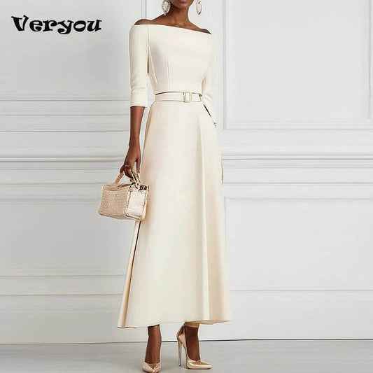 Elegant Party Dresses For Women One Shoulder Half Sleeve High Waisted A-Line Long Dress Women Offfice Dress White - AIAZ