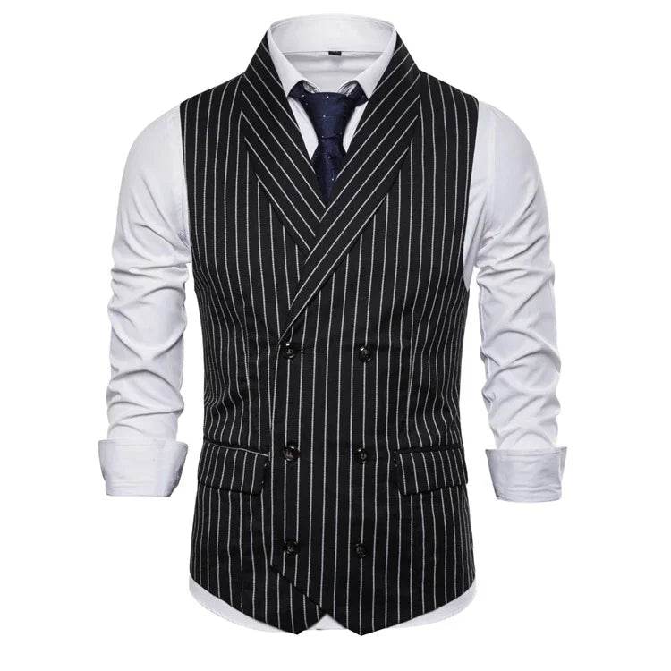 Mens Waistcoat Stripe Plaid Formal Suit Vest Men Fashion Casual Double Breasted Sleeveless Gilet Male Business Formal Dress Vest - AIAZ