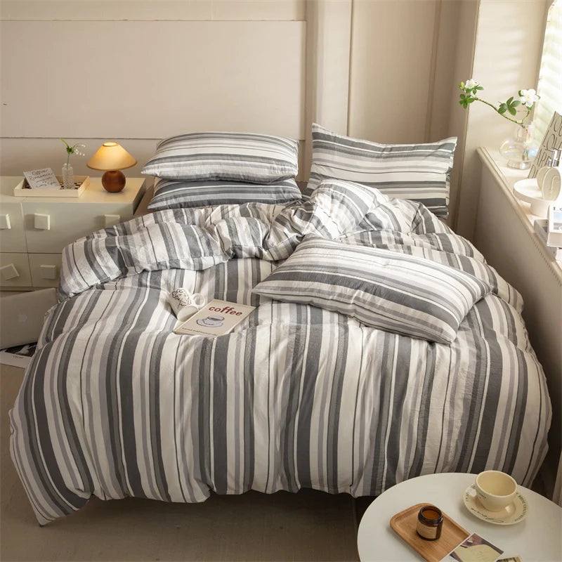 Striped Duvet Cover Set Queen 100% Washed Cotton Bedding Set, Luxury Soft Pink Vertical Ticking Stripes Comforter Cover, (3pcs)