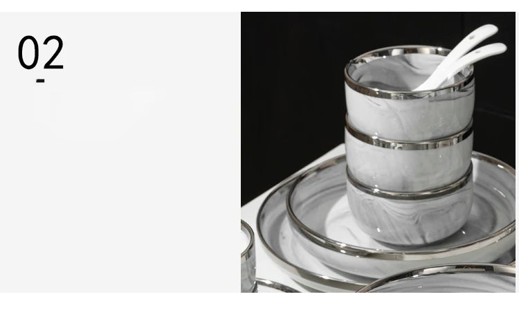 Light Luxury Ceramic Tableware Set Marble Fish Plates With Silver Rim Household Hotel LArge Capacity Soup Bowl Deep Plates