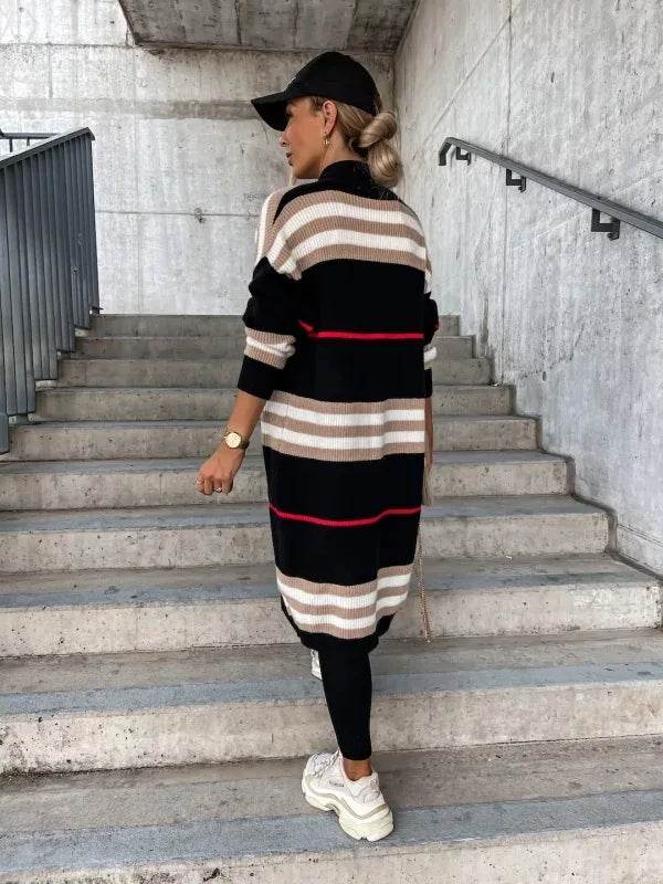 Women Sweater Spring Autumn Cardigan Coats Casual Stripes Knitted Cardigan Clothes Women Oversized Cardigan Long Sweater Coat - AIAZ