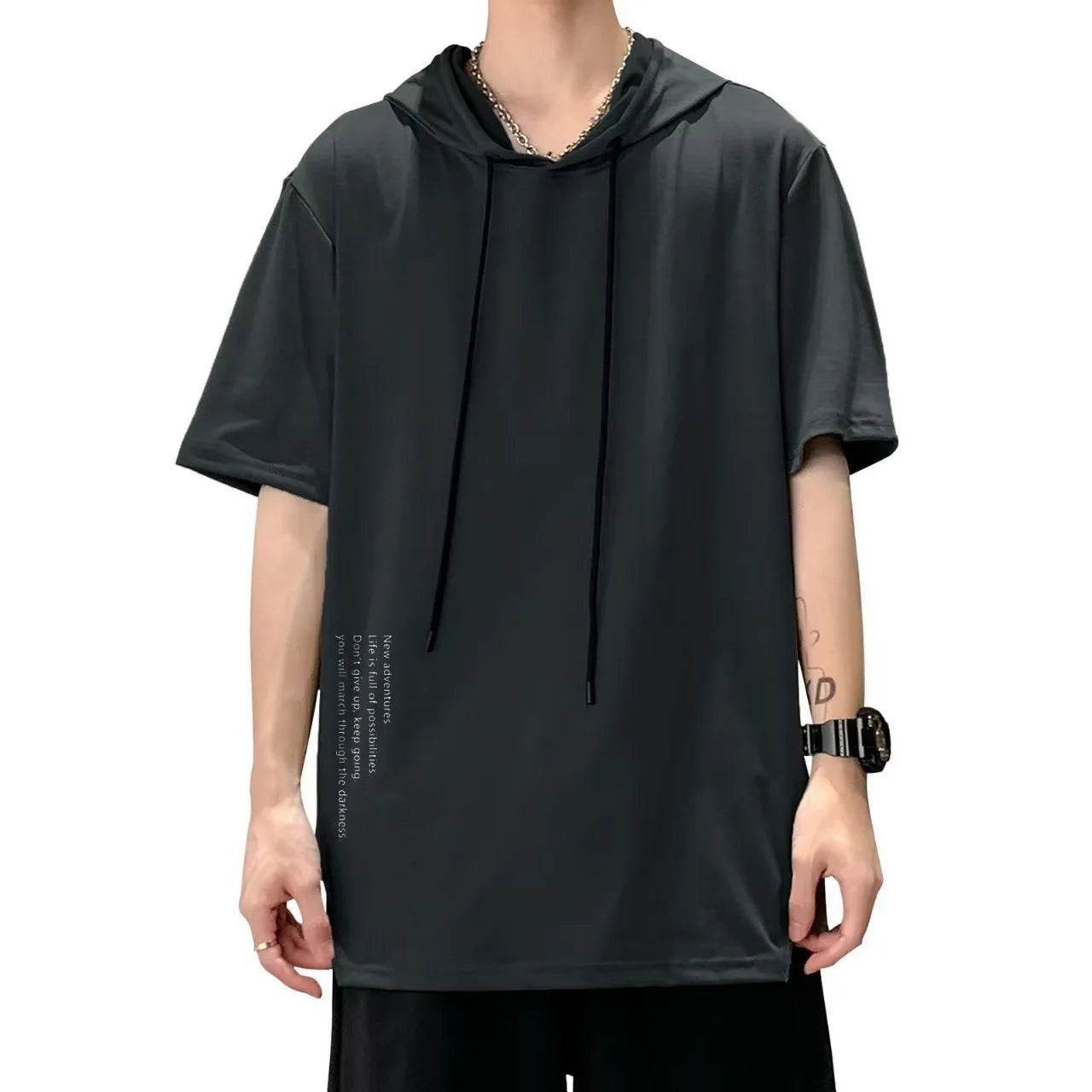 2025 Men's Summer Hoodies T-shirts Short Sleeve Solid Color Loose Hooded Drawstring Pullover Tops Basic Tees for Daily Wear Male - AIAZ