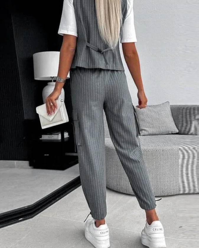 White Striped Vest Suit For Women Summer Casual V-neck Button Top Pocket Loose Pants Outfits Two-piece Suit For Women Elegant - AIAZ