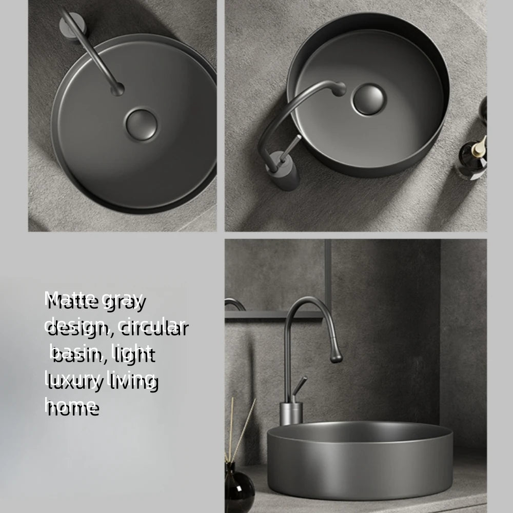 Modern ceramic bathroom sink: white/dark gray, matte finish, diameter 36cm/14in, suitable for bathroom vanity (excluding faucet)