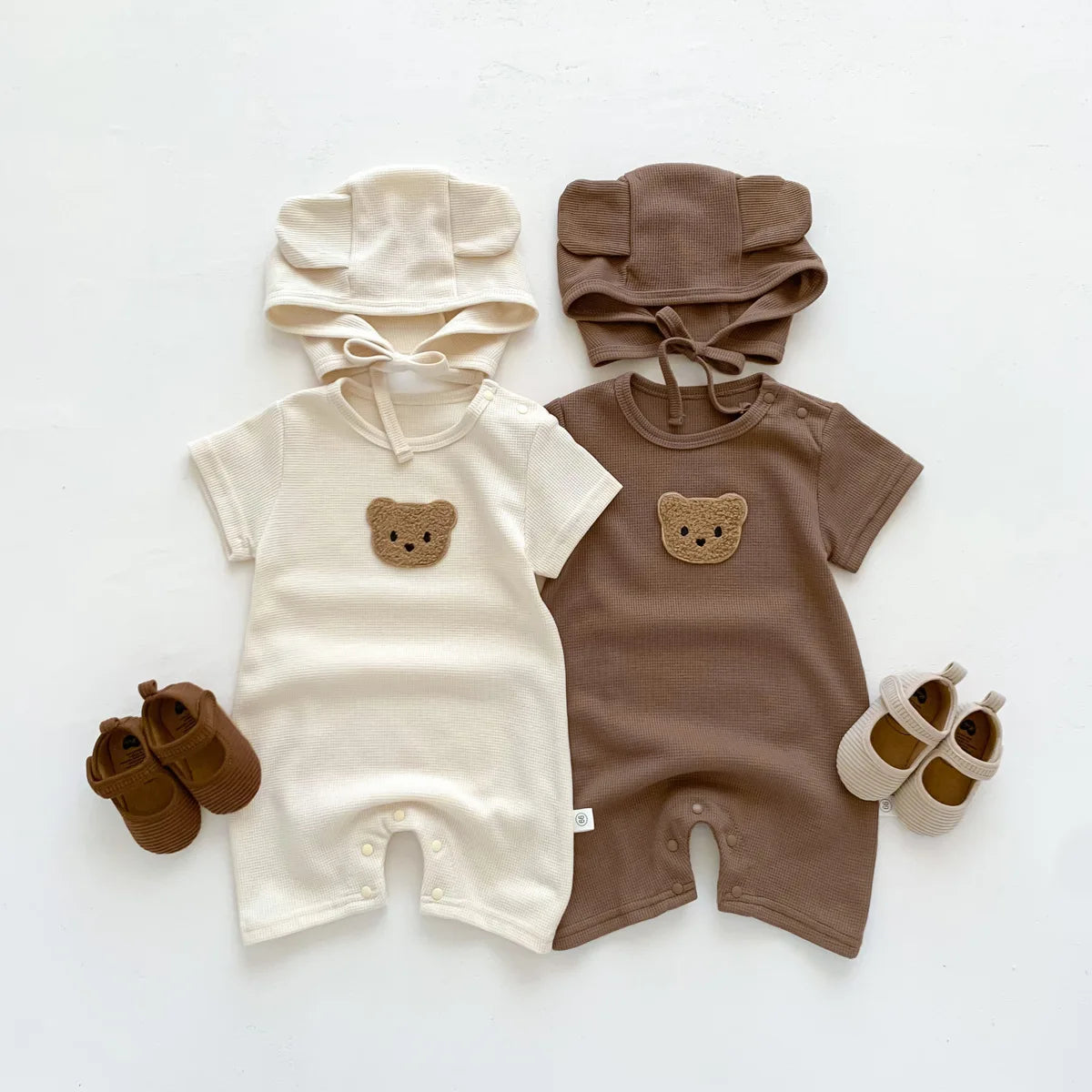 New In Summer Kids Baby Girls Boys Short Sleeve Waffle Patch Bear Infant Newborn Jumpsuits Cotton Romper Gift Hat with Ear