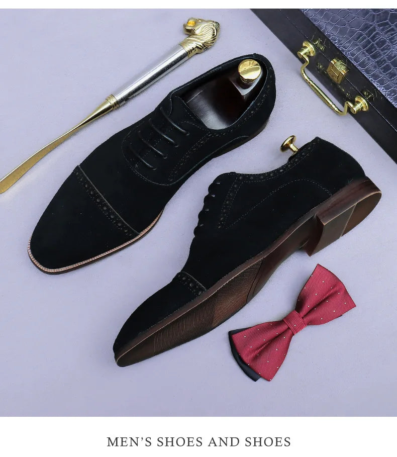 Business Casual Leather Shoes Men's Handmade Three-Joint Genuine Leather Men's Frosted British Suede Leather Lace-Up Men's Shoes