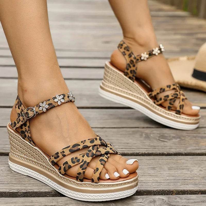 2025 Leopard Print Wedge Heel Sandals Women Fashion Crystal Flowers Thick Bottom Sandalias Mujer High Heeled Platform Sandles 43 - AIAZ