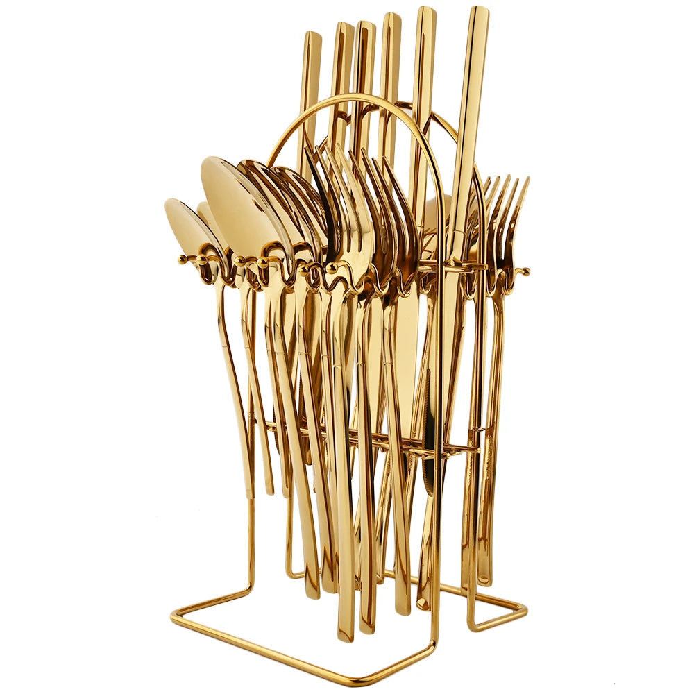 24pcs Knife Fork Spoon Dinnerware Set Rose Gold Tableware Stainless Steel Flatware Kitchen Cutlery Set with Luxury Storage Rack