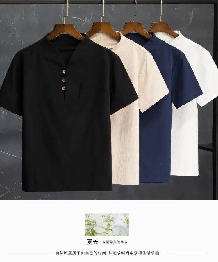 men's casual shirts (Shirt + trousers) 2025 summer men shirt Man Cotton and linen shirts Short sleeve men A set of clothes M-5XL - AIAZ
