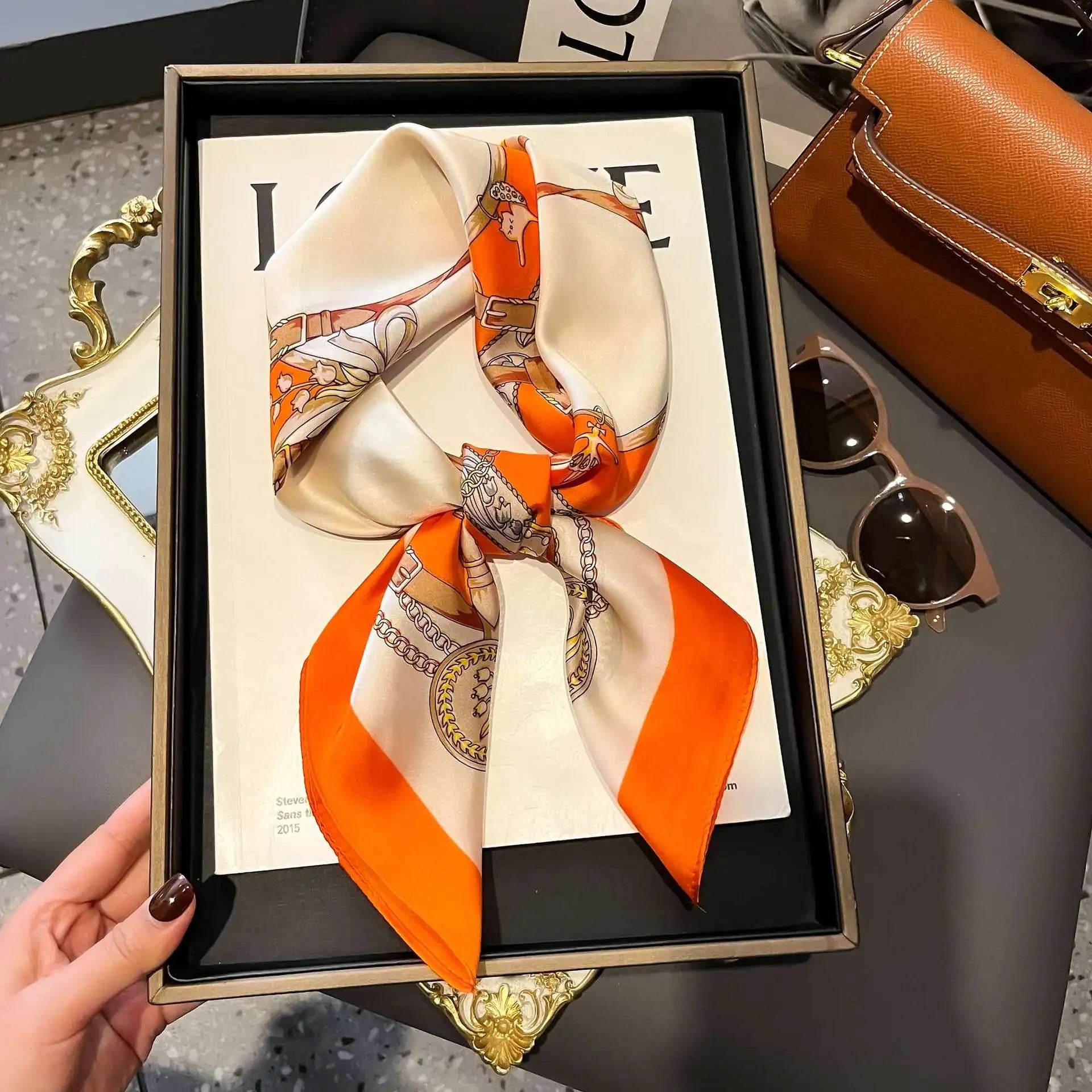 Luxury Chain Print Small Square Scarf Simulated Silk Thin Neck Scarf Fashion Sunscreen Headscarf For Women 70x70cm - AIAZ