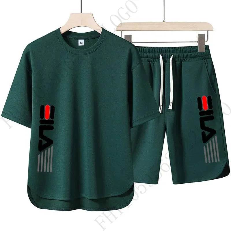 New 2025 summer men's casual round-neck T-shirt and shorts two-piece fashionable printed breathable men's short-sleeved suit - AIAZ