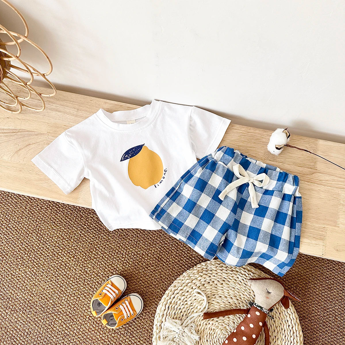 2PCS Summer Baby Boys Girls Clothes Set Lemon Print T-shirt+Checkered Shorts Beach Infant Toddler Outfit Suit 0-3Y