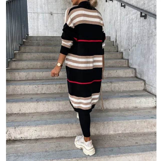 Women Sweater Spring Autumn Cardigan Coats Casual Stripes Knitted Cardigan Clothes Women Oversized Cardigan Long Sweater Coat - AIAZ