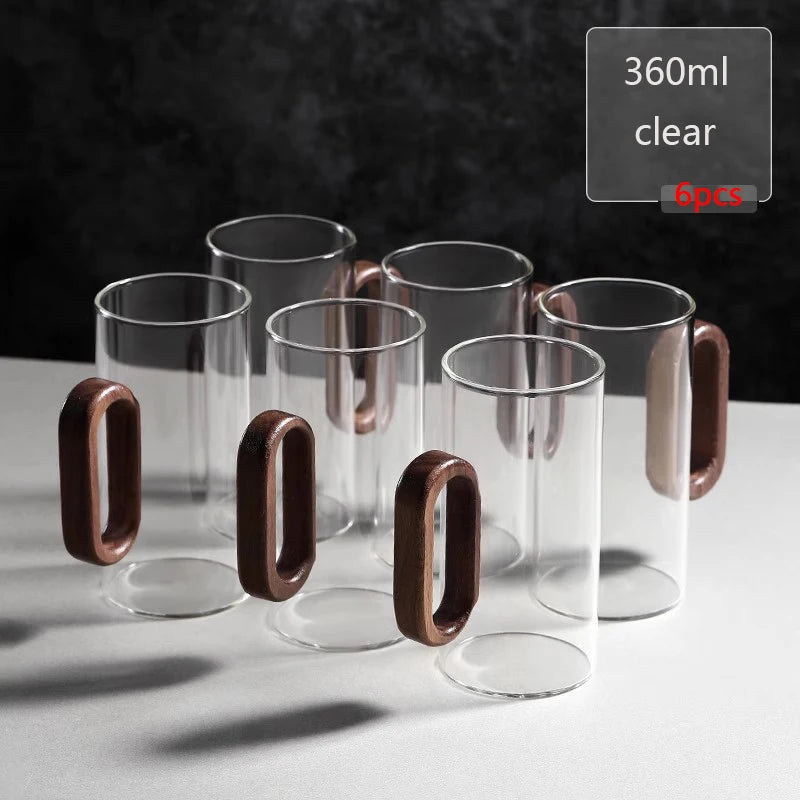 2/4/6pcs Glass Mug With Wooden Handle Heat-resistant Teacup Set Transparent Breakfast Milk Juice Cup Home Party Drinkware