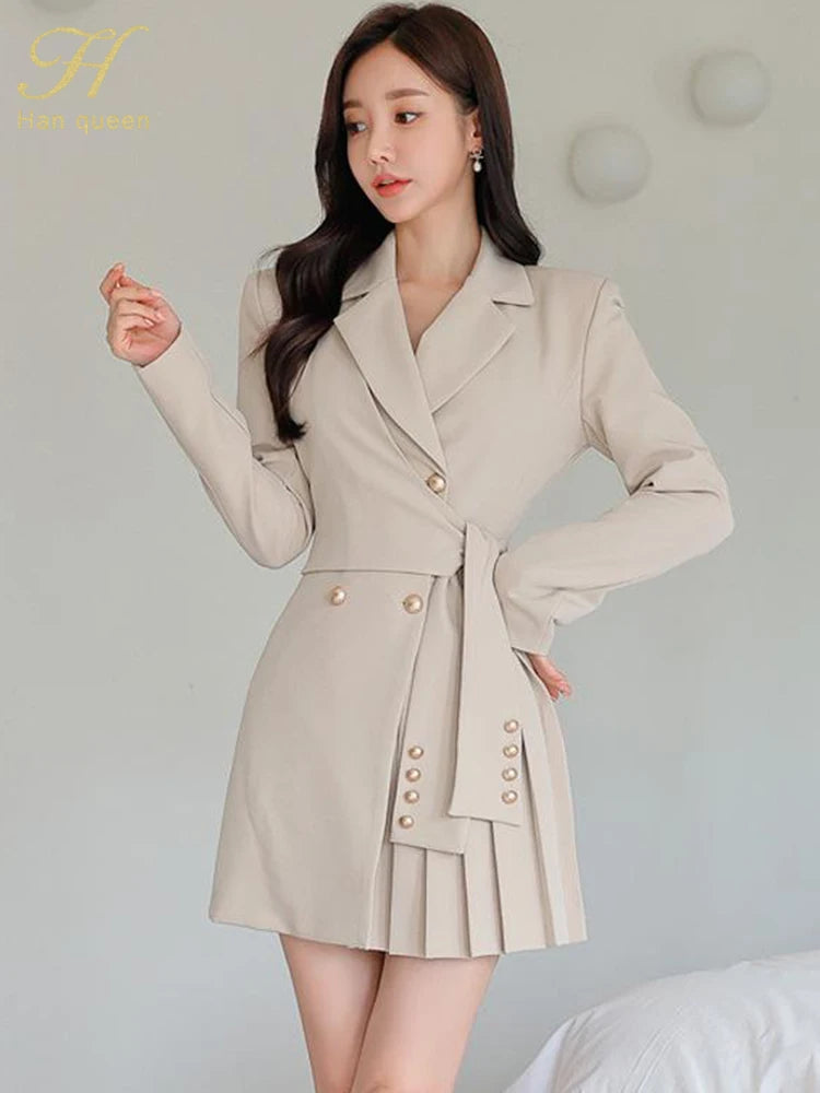 H Han Queen Autumn Winter Dresses Korean Lace-Up Professional Jacket Vestido Elegant Fashion Slim Office Party Casual Dress