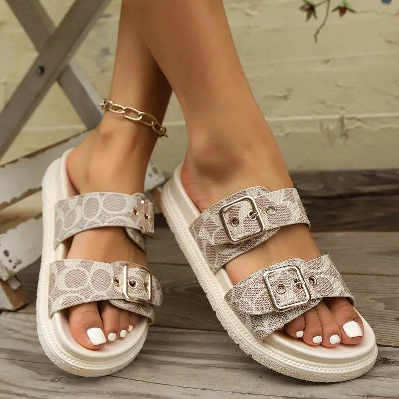 Fashion Thick-soled Metal Buckle Designer Slippers Women's Home Soft-soled EVA Sandals Women's Summer Non-slip Beach Flip-flops - AIAZ