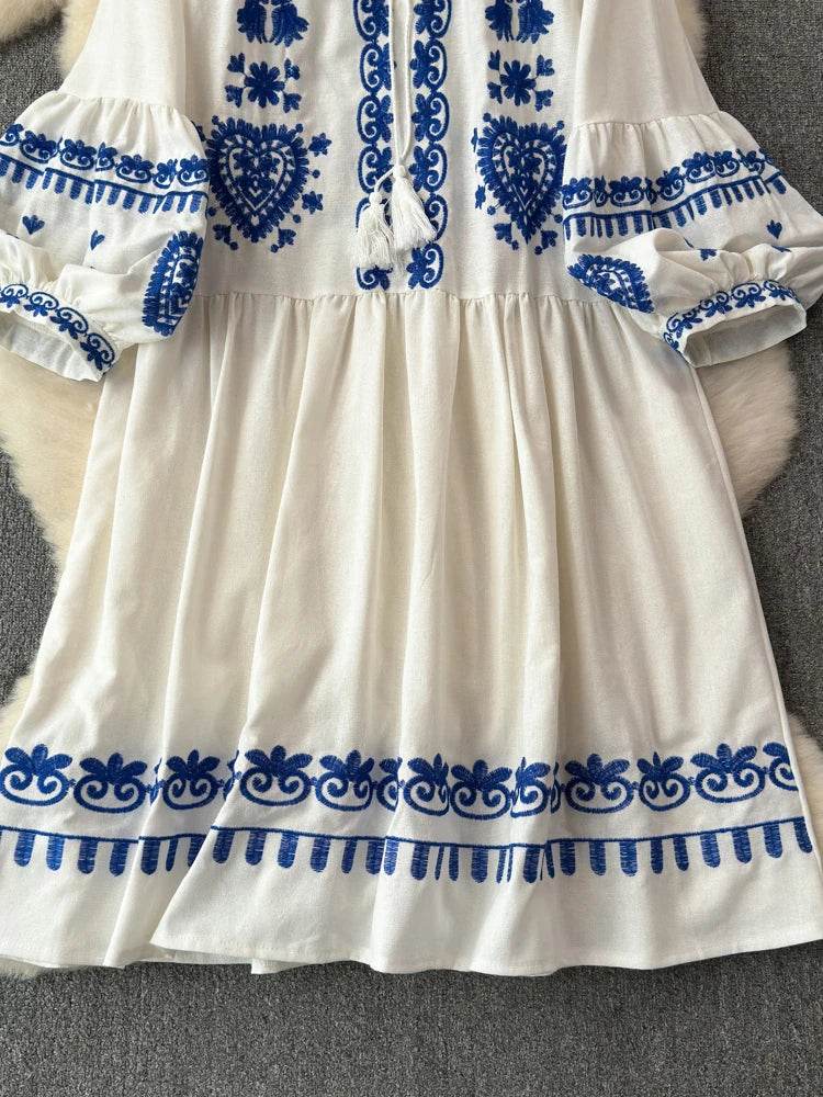 Women's Spring Summer Dress Bohemian Retro Ethnic Style Diamond Cotton Linen Blend Embroidered Lantern Sleeves Mini Dress A20 - AIAZ