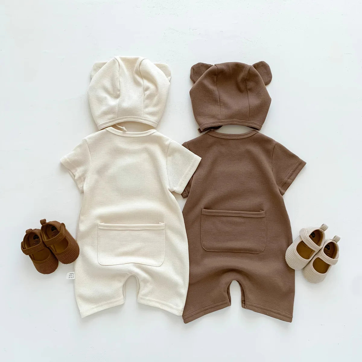 New In Summer Kids Baby Girls Boys Short Sleeve Waffle Patch Bear Infant Newborn Jumpsuits Cotton Romper Gift Hat with Ear
