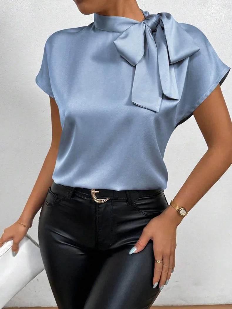 Women Shirt Fashion Bow Satin T-shirt Female Short Sleeve Solid Color All-match Pullover Tee Women's Temperament Summer Tops - AIAZ