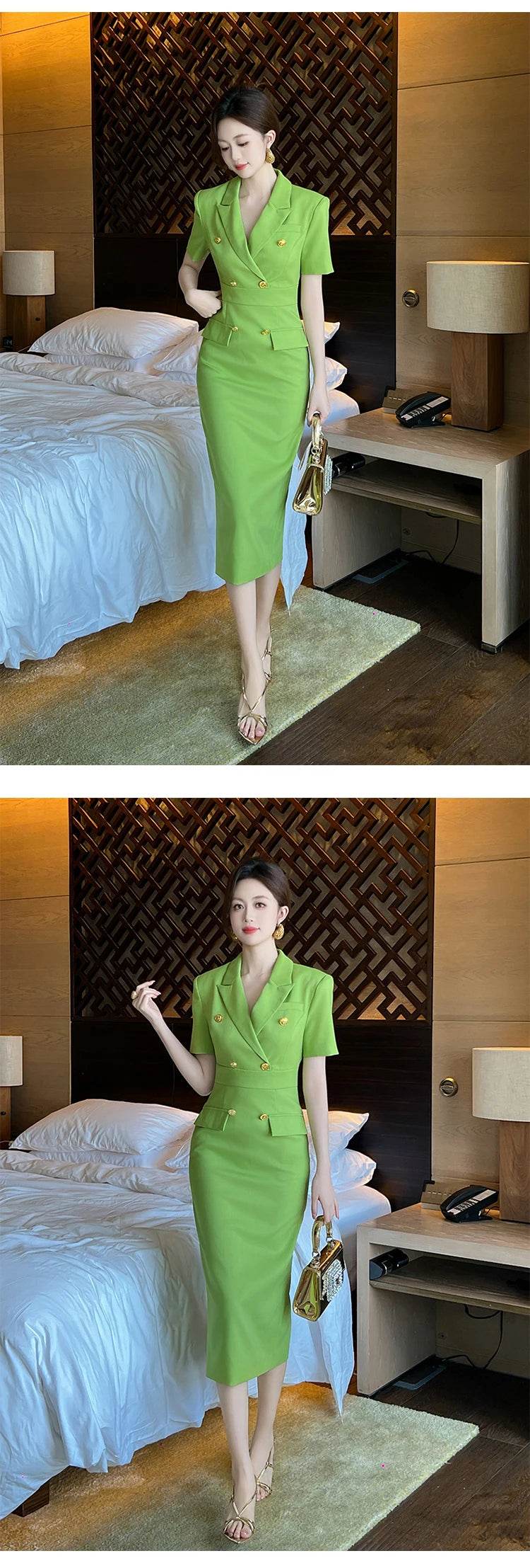 Elegant Office Lady Classic Business Formal Pencil Dress Women Clothes Blazer Commute Short Sleeve High Waist Slim Midi Vestidos - AIAZ