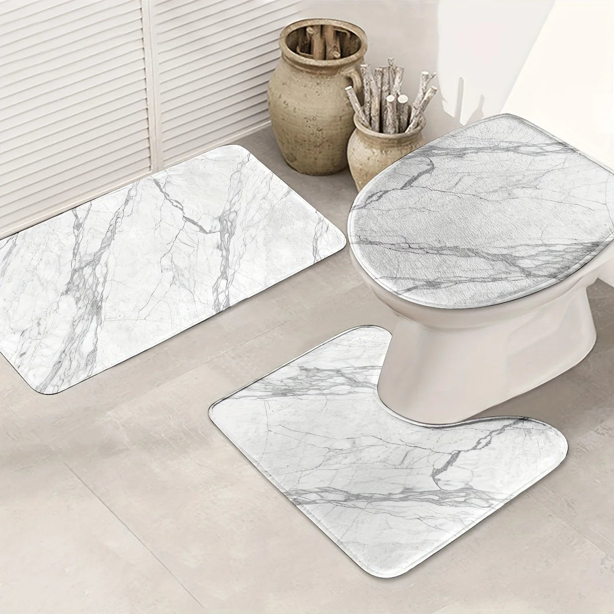 3PCS Marble Bath Mat Set  Non-Slip Machine Washable Includes Floor Mat & Toilet Cover Christmas Decor Polyester Bathroom Upgrade