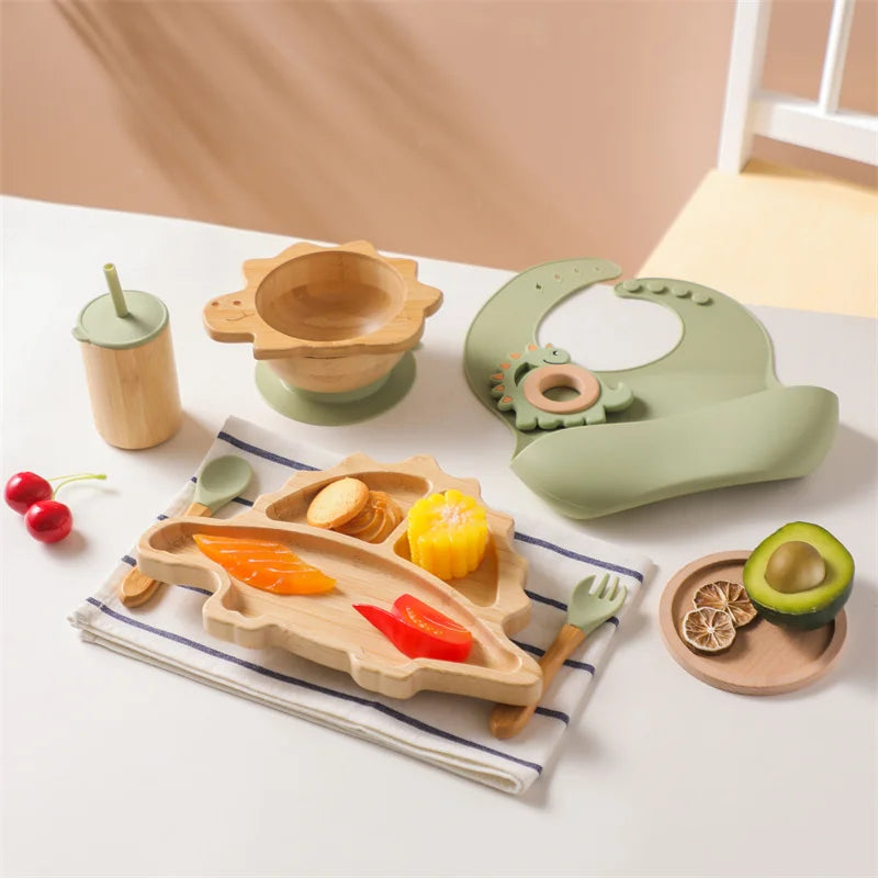 7pcs Silicone Baby Feeding Set Baby Feeding Supplies Kids Bamboo Dinnerware With Cup Children's Dishes Bowl Stuff Tableware Gift
