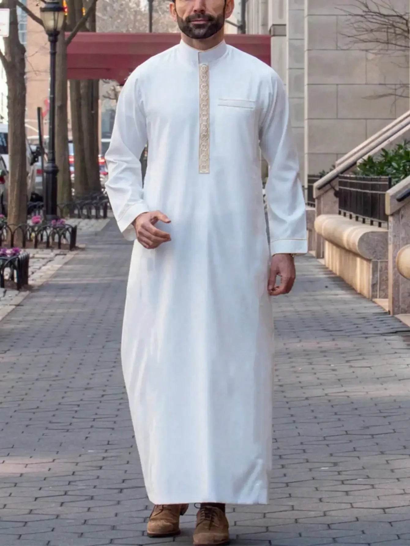 Muslim men's robe long-sleeved ethnic style embroidered stand collar Arabic clothing men's Islamic casual robe - AIAZ