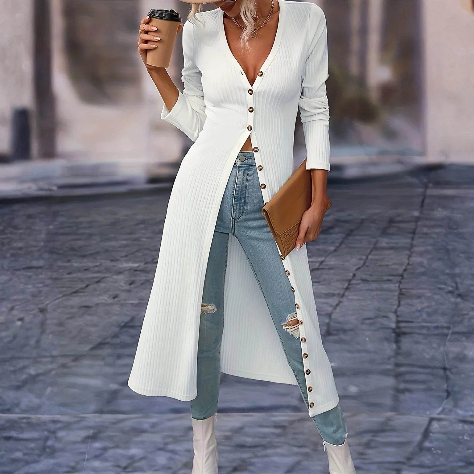 Women's Cardigan V-Neck T-Shirt Tops Fashionable Casual Solid-Color Long-Sleeved Long Tops Single Breasted Slim Fit Streetwear - AIAZ