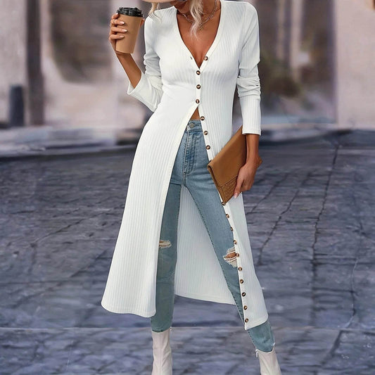 Women's Cardigan V-Neck T-Shirt Tops Fashionable Casual Solid-Color Long-Sleeved Long Tops Single Breasted Slim Fit Streetwear - AIAZ