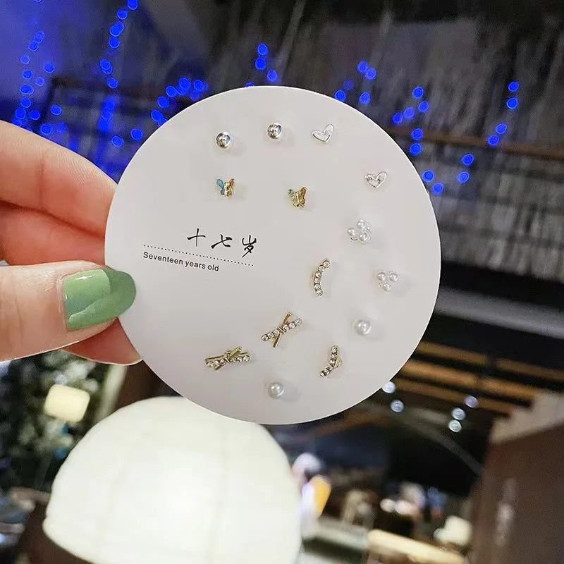 7 Pair/Set Korean Silver Color Fashion Geometric Female Small Earrings Multiple Pairs of Butterfly Cute Stud Earrings Jewelry