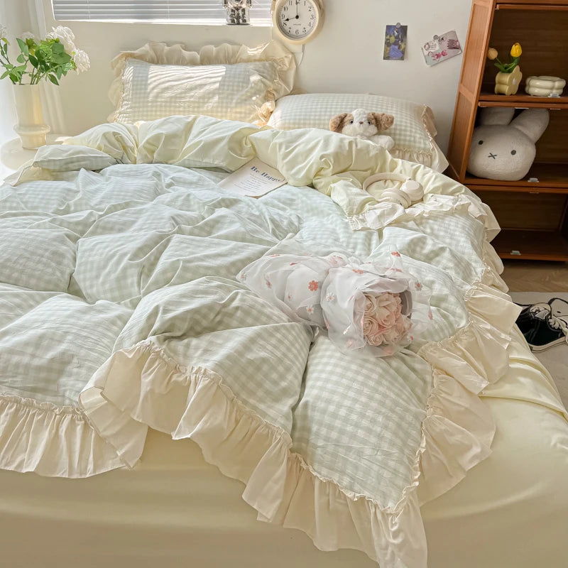 Korean Princess Style Bedding Set Soft Skin-friendly Lattice Lace Ruffles Quilt Cover Plaid Style Duvet Covers Set Pillowcases