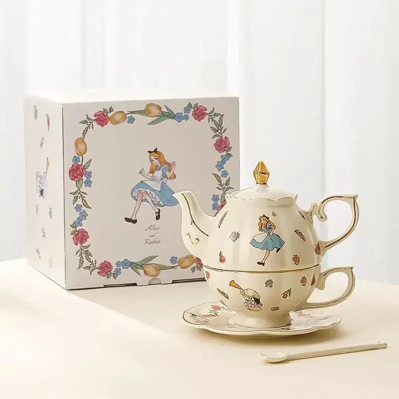 Luxury Ceramic Teapot Gift Box Cup and Pot Girl and Rabbit Ceramic Teapot Coffee Cup Dish Set Birthday Gift  for Tea Lovers