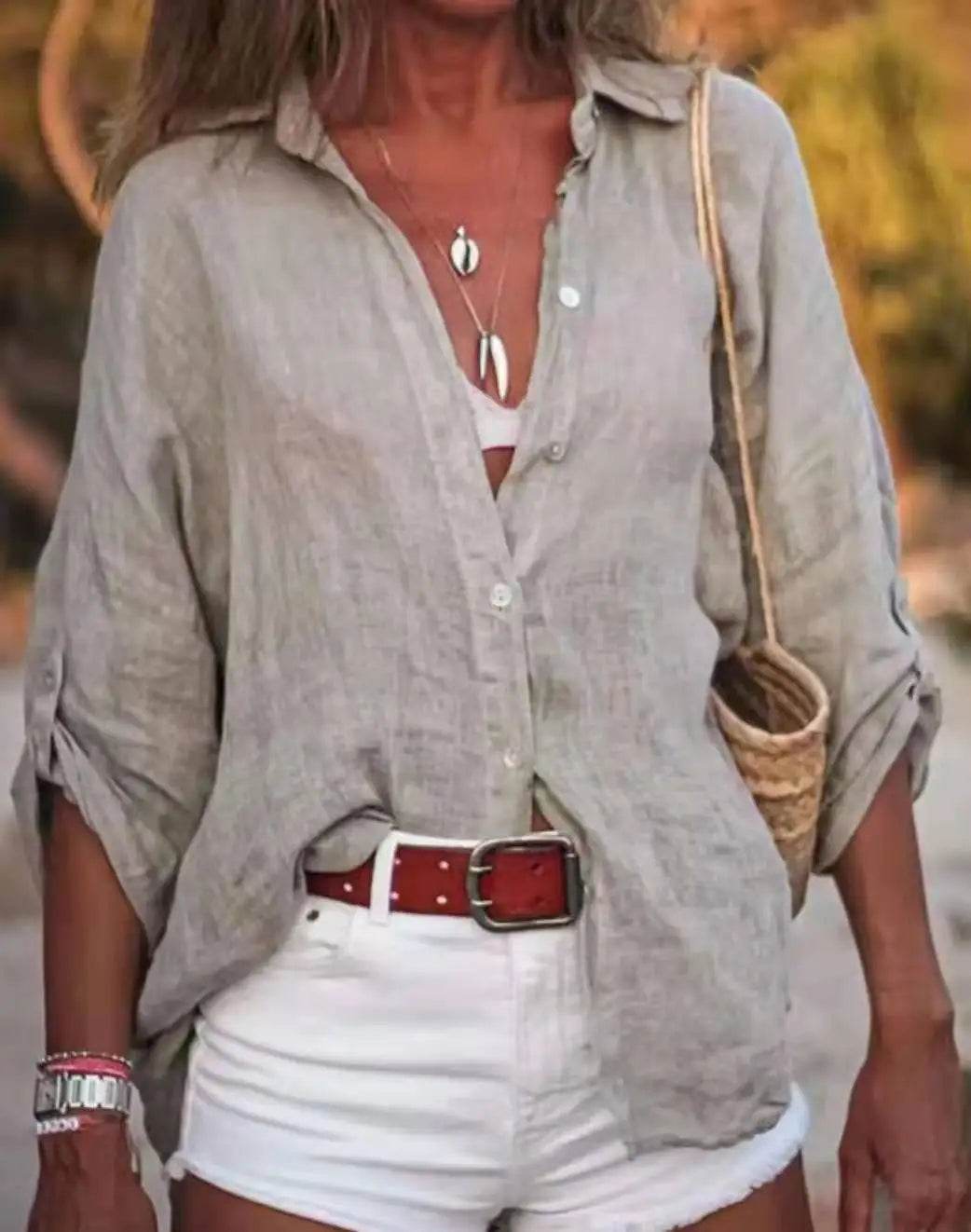 Women Cotton Linen Blouse Shirt Summer Female Turn Down Collar Three Quarter Loose Blouse Tops Woman shirts & blouses - AIAZ