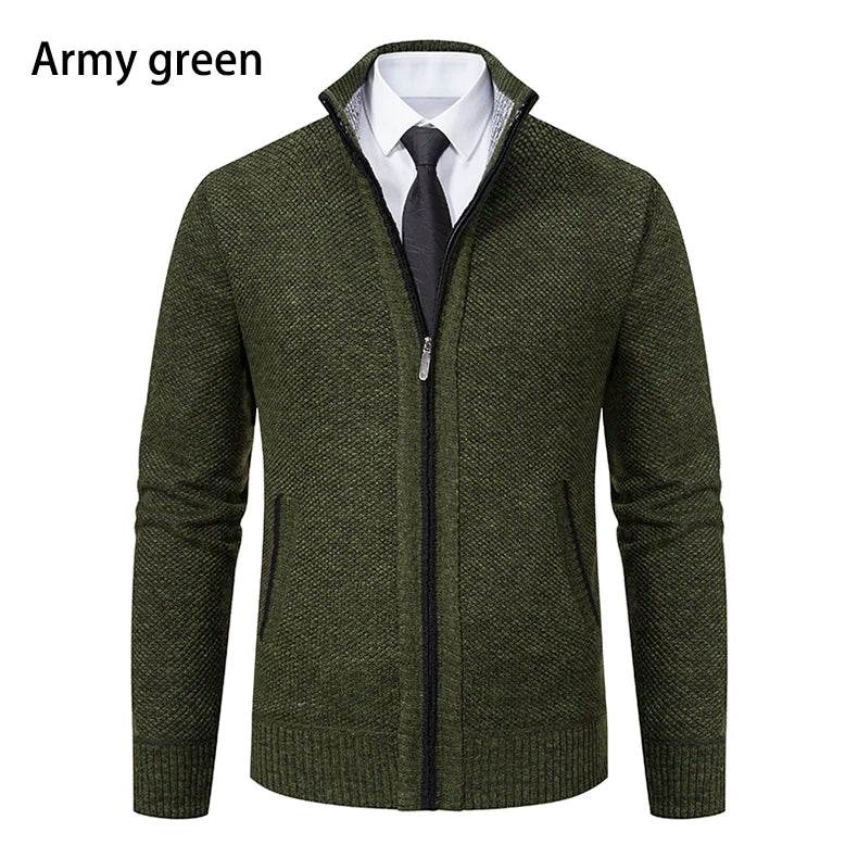Autumn And Winter New Jersey Men's Casual Sports Coat Solid Color Stand Collar Wweater Grab Fleece Warm Zipper Cardigan - AIAZ