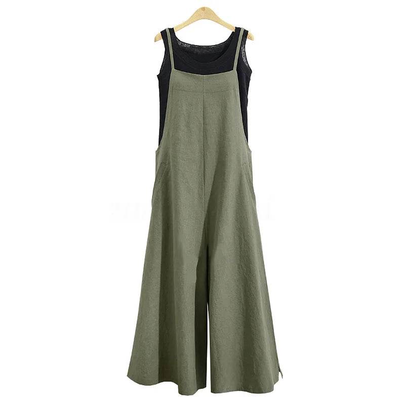 Women Straps Jumpsuit Summer Solid Color Wide Leg Pants Dungaree Bib Overalls Casual Loose Sleeveless Cotton Linen Jumpsuits 5Xl - AIAZ