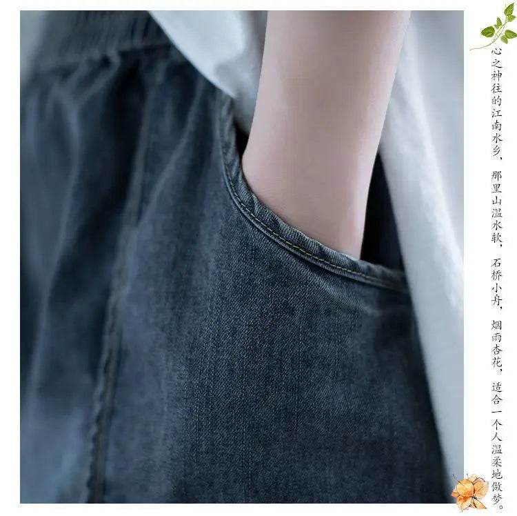 Summer Thin High-waisted Retro Denim Shorts for Women Loose Mid-pants New Wide-leg Large Pocket Five-point Pants - AIAZ