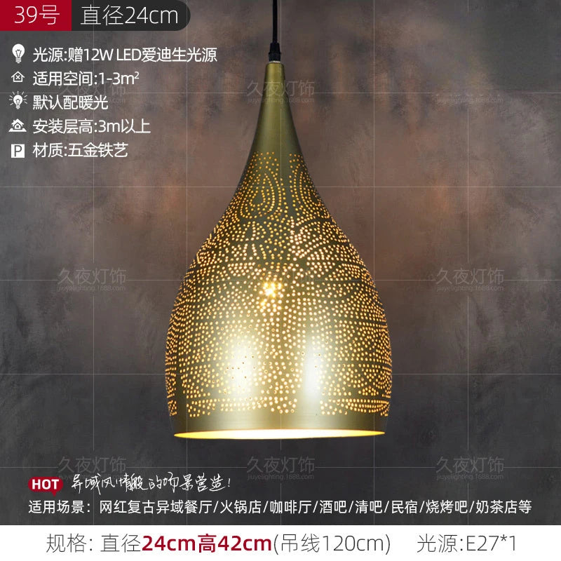 Southeast Asian Pendant Lights Antique Hollow Hanging Light Fixture Thai Arabian Restaurant Bedroom Moroccan Decorative Lamps