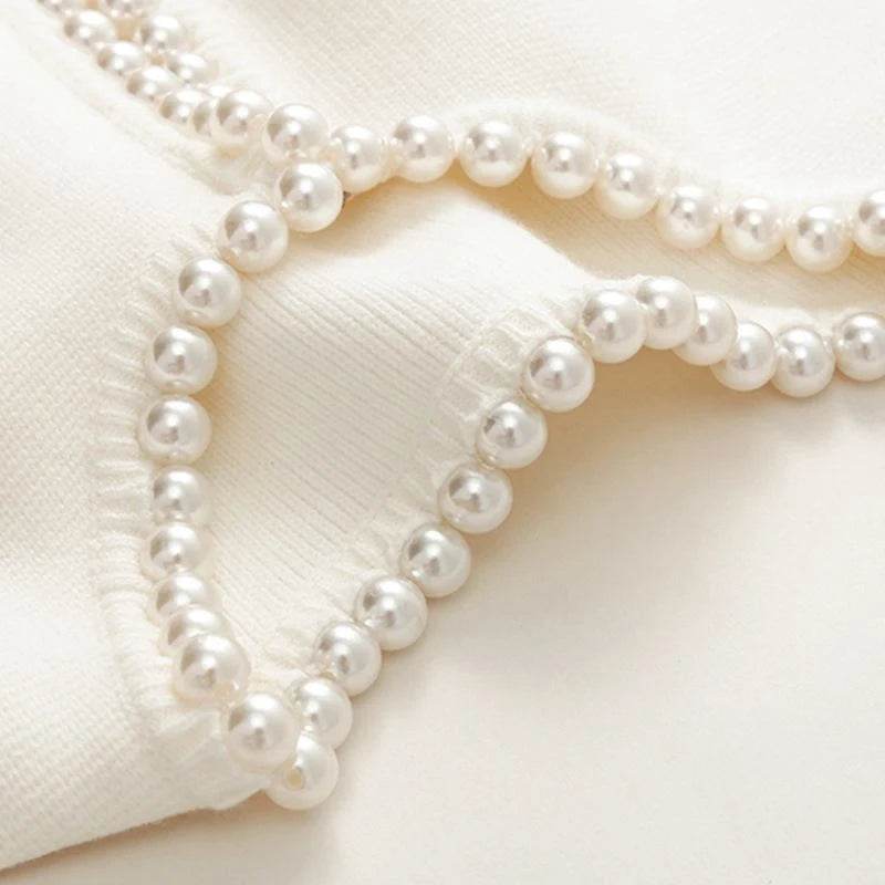 Women Casual Cardigan Sweater Elegant Long Sleeve Knit Sweater With Pearls Elegant White Sweater Coat Jacket - AIAZ