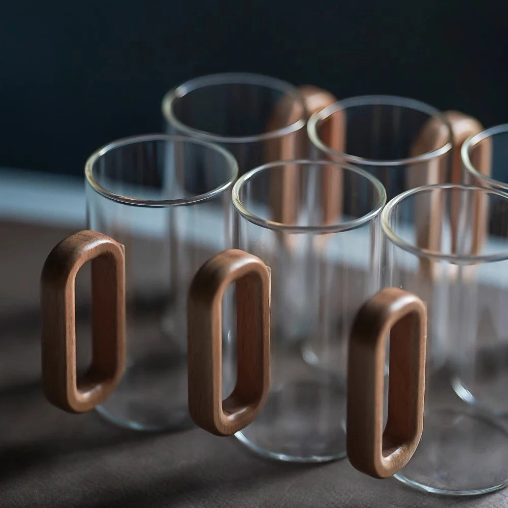 2/4/6pcs Glass Mug With Wooden Handle Heat-resistant Teacup Set Transparent Breakfast Milk Juice Cup Home Party Drinkware