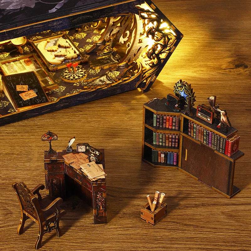 DIY Book Nook Kit Miniature Doll House With LED Light 3D Puzzle Model Building Wooden Bookshelf Bookend Toy Adults Birthday Gift - AIAZ