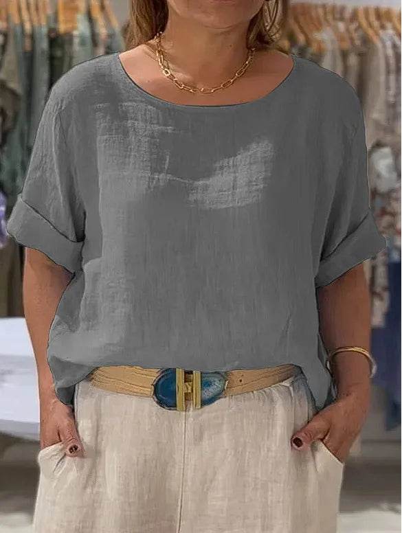 Women's Shirt Summer Fall New Solid Top Fashion Mid-sleeve O-neck Cotton Linen Button-up Casual Loose Shirts For Women Clothing - AIAZ