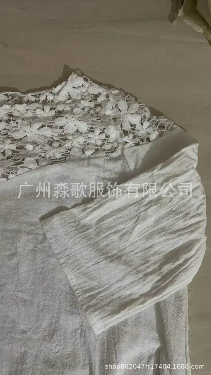 Womens Dress New Fashion Solid Color Cotton Lace Round Neck 5/4 Sleeve Dresses for Women - AIAZ