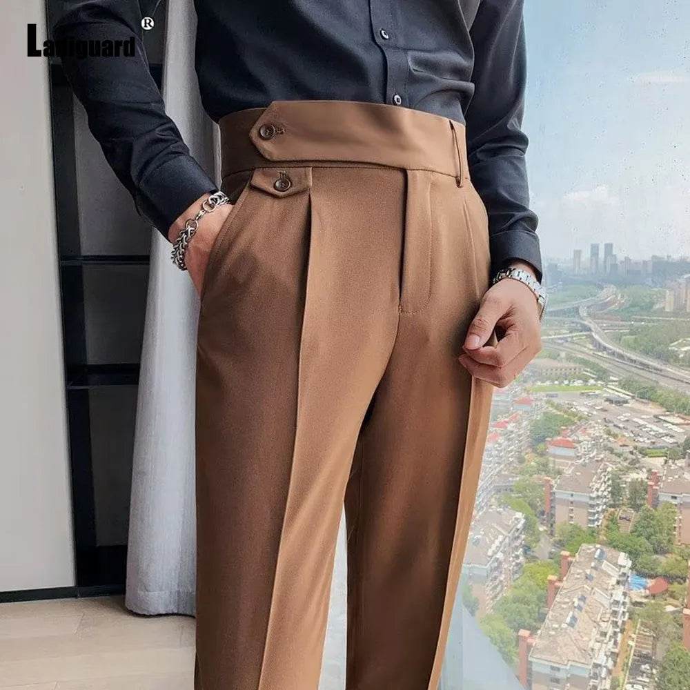 Men Elegant Formal Suit Pants for Party Wedding Solid Khaki Stand Pocket Trousers Italian Naples Fashion Buttons Up Suits Pants - AIAZ