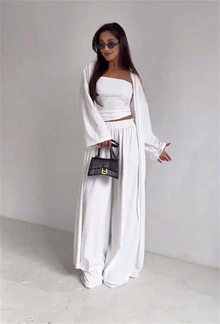 Pants Sets Women Solid Color Loose Long Cardigan Coat Tube Top High Waist Wide Leg Trousers Three Piece Set Casual Lady Suits - AIAZ