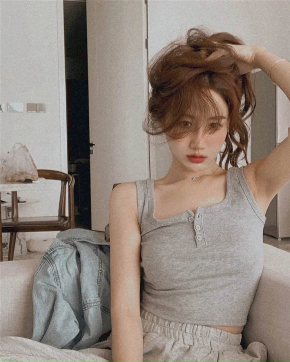 Tank Top for Women Ribbed Button Down Sleeveless Blouse Solid Color Casual Women's Teens Trendy Basic Summer Dresses - AIAZ